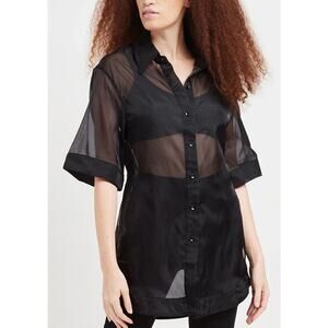 APPARIS. Sheer Organza Belted Button Up Tana Blouse Small Black Sleek Modern